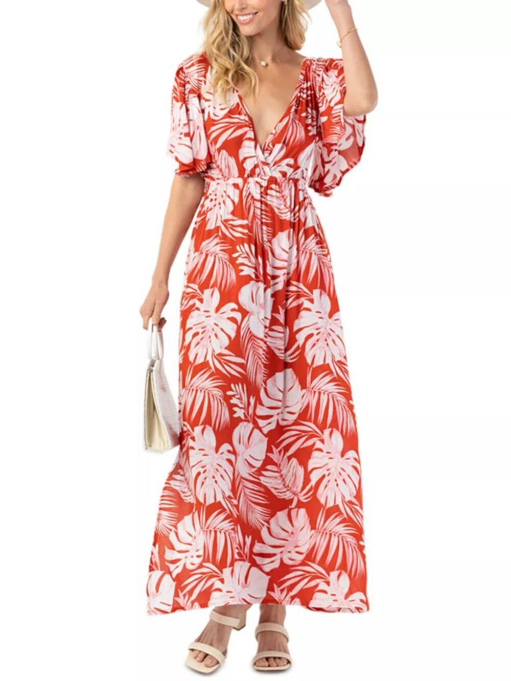 Tiare Hawaii Red floral Bowie Maxi Dress Swim Cover-Up Size XS/S 8337